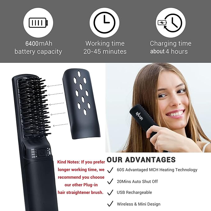 Hot Hair Straightener Brush,Portable Mini Hair Straightener USB Rechargeable 6400MAH,2 in 1 Hair Straightener Comb with Anti-Scald Feature for Women & Men (Black)