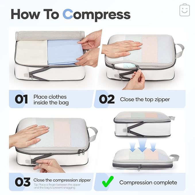 Veken 9/11 Set Compression Packing Cubes for Travel Essentials,Compressible Expandable Large Luggage Suitcase Organizer Bags for Clothing,Durable Space Saver Storage Bags with Toiletry Bags(White)