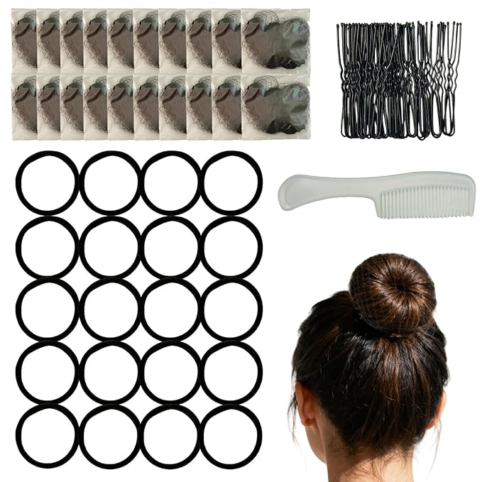 Invisible Hair Nets 50cm with 20Pcs,50Pcs U Shaped Bobby Pins,20Pcs Hair Ties and a Comb Styling Accessories Set,50cm for Ballet Bun,Wig,Food Service,Cabin Attendant, for Women and Girls(Black)