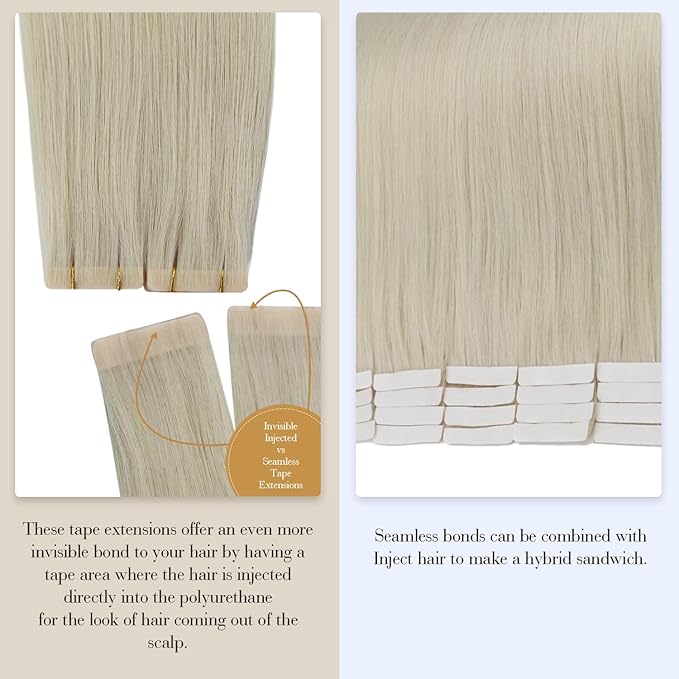Full Shine Blonde Injection Tape in Hair Extensions 5Pcs Color 1000 Injected Tape in Extensions 22 Inch Virgin Human Hair Extensions Tape ins 12.5Gram Tape ins Human Hair Real Hair Extension for Women