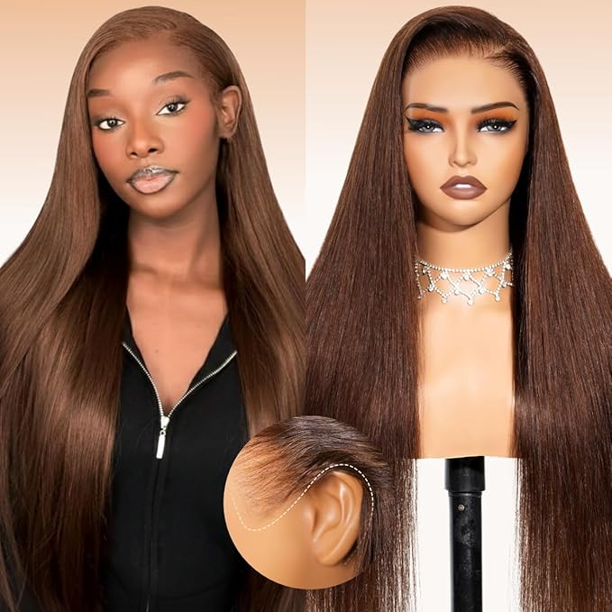 Arabella 13x6 Chocolate Brown Lace Front Wig 210% Brown Glueless Wig Human Hair Real HD Lace Front Wig True Pre Plucked Pre Bleached Pre Cut Glueless Wig (26inch,13x6 Chocolate Brown Straight wig)