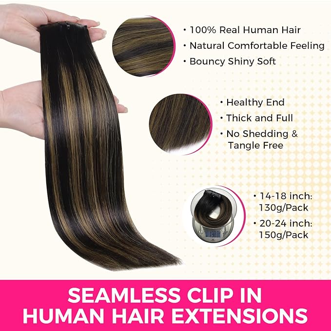 Lashey Seamless Clip in Hair Extensions Human Hair 150g 9pcs Straight Natural Black Mixed Chestnut Brown 24 Inch Hair Extensions Clip ins with PU Soft Invisi Edge