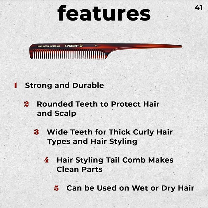 #41 Handmade Wide Tooth Rat Tail Comb Tortoise Havana Acetate Thick Coarse Curly Detangling Parting Grooming Teasing Hair Styling Hairdresser Barber Hairdressing Wet Dry Pocket Women Men Kids