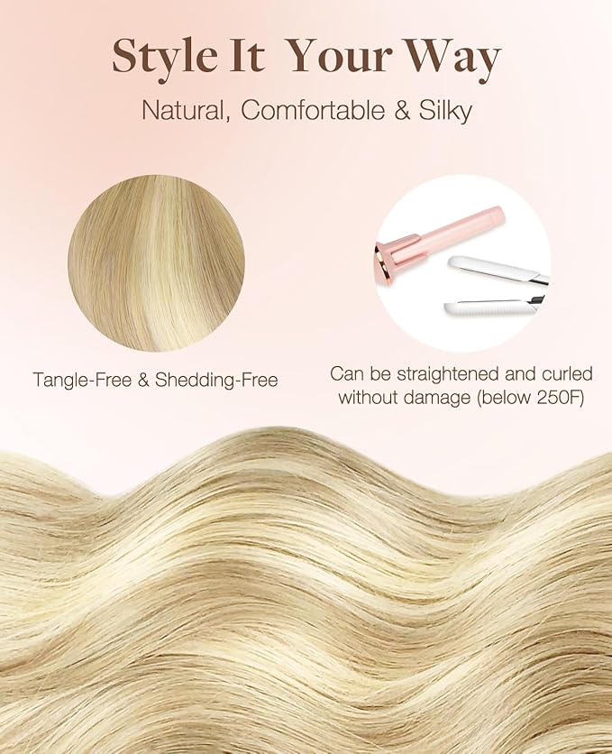 GOO GOO Invisi Edge Tape in Hair Extensions Human Hair, 18A/613A Dark Blonde Highlighted Bleach Blonde 20pcs 20inch 50g, Virgin Remy Hair, Seamless Injected Tape, Natural Look