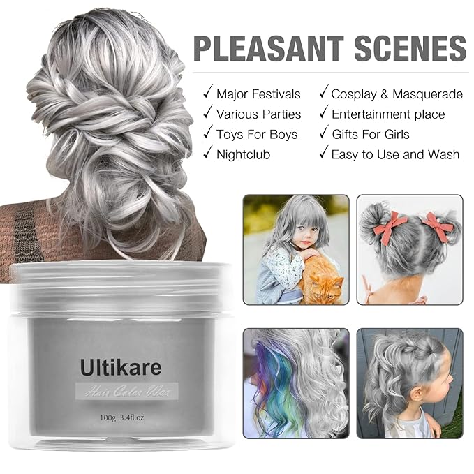 Ultikare Temporary Hair Color Wax, Grey, Natural Hair Wax Color Mud Cream for Dark Hair, Washable, Kids, Halloween, Cosplay, Party, Girls