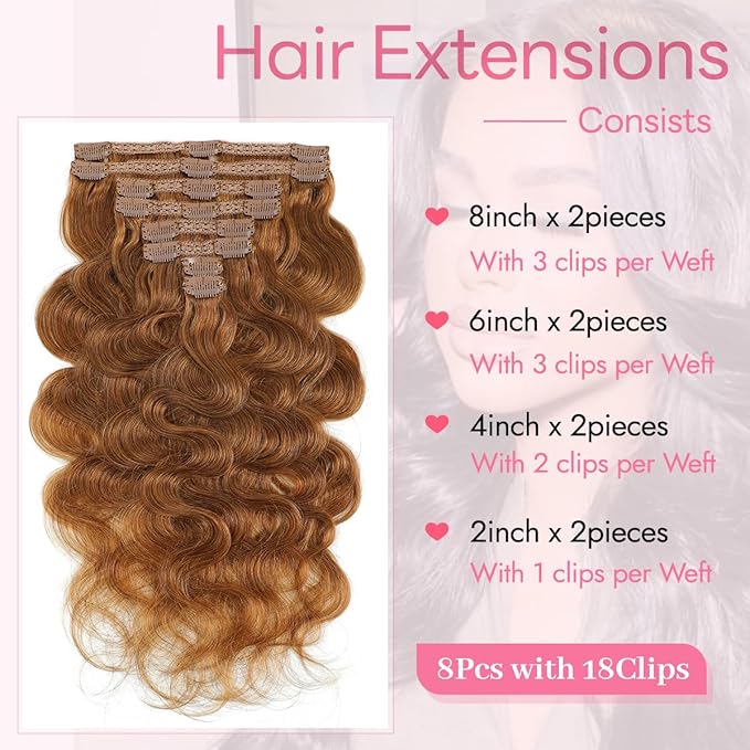 Clip in Hair Extensions Real Human Hair Body Wave 6 Chestnut Brown Clip in 100% Brazilian Remy Human Hair Extensions 8pcs Per Set with 18 Clips Double Weft 16 Inch 90g/3.6oz