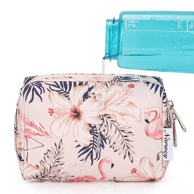 Narwey Small Makeup Bag for Purse Mini Cosmetic Bag Travel Makeup Pouch Zipper Pouch Cute Make up Bags with Compartments for Women Girls (Beige Flamingo, Small)