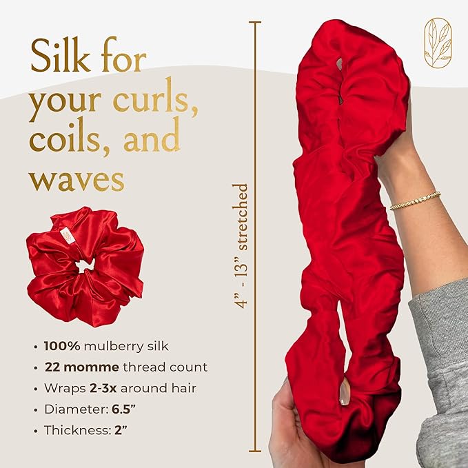 Silk Scrunchies Ponytail Holders – Oversized Mulberry Silk Scrunchies – Extra Large No Damage Hair Ties for Curly, Thick, and Thin - Hair Accessories for Women – Poppy Razzi Red, XL By Curlfriend