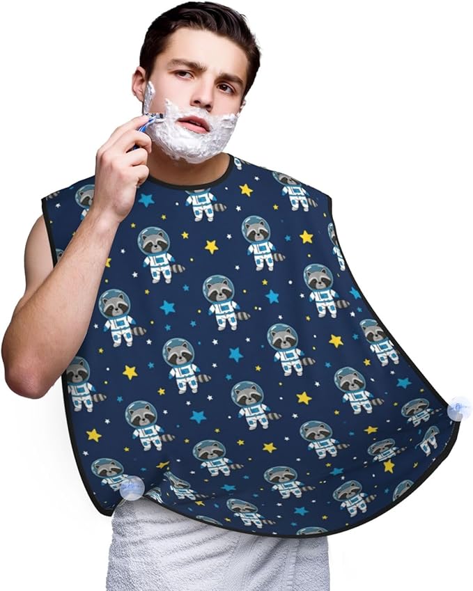 Beard Apron Hair Catcher, Funny Cartoon Space Raccoon Astronaut Shave Bib, Waterproof Non-Stick Shaving Bib, Trimming Grooming Tool for Dad Men Anniversary