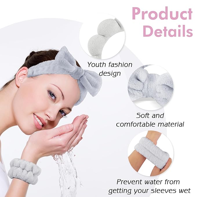 Zkptops 6Pcs Spa Headband for Washing Face Wristbands Set Women Bubble Skincare Makeup Sponge Terry Cloth Padded Puffy Headband Bow Tie Hairband Cute Non Slip Thick Hair Accessory Gifts (Grey)