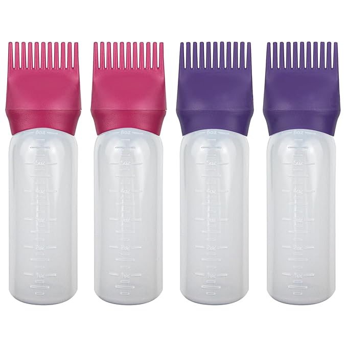 ELANE 4 Pack Root Comb Applicator Bottle, Hair Oiling Applicator for Hair Dye, Shampoos, Salons. (Purple+Red)
