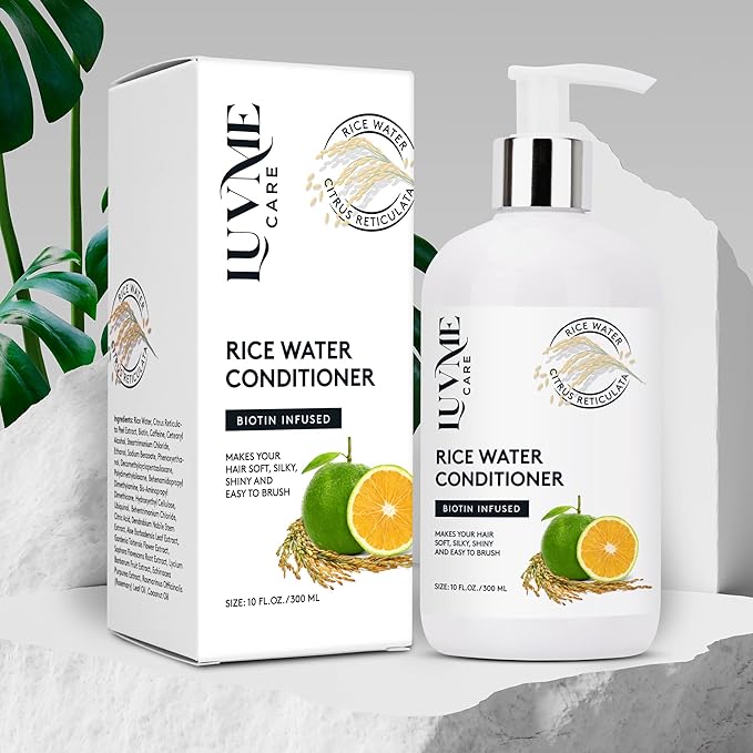 Luv Me Care Rice Water Hair Thickening Conditioner - with Biotin Improve Strength, Volume, and Shine, Deep Conditioning for Dry, Frizzy, or Curly Strands 10 Fl Oz