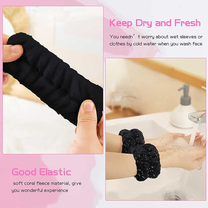 WSYUB Makeup Headbands, 1pcs Black Spa Headband Fluffy Bow Tie Headband Microfiber Face, and 2Pcs Wrist Spa Wash Band Absorbent Wristbands, for Washing Face Skin Care