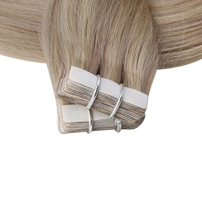 Full Shine Invisible Tape in Hair Extensions Color 18 Ash Blonde Highlight 613 Blonde Tape in Real Human Hair Extensions 20Inch Seamless Straight Remy Silky Skin Weft 20 Pcs 50 Grams Add Length