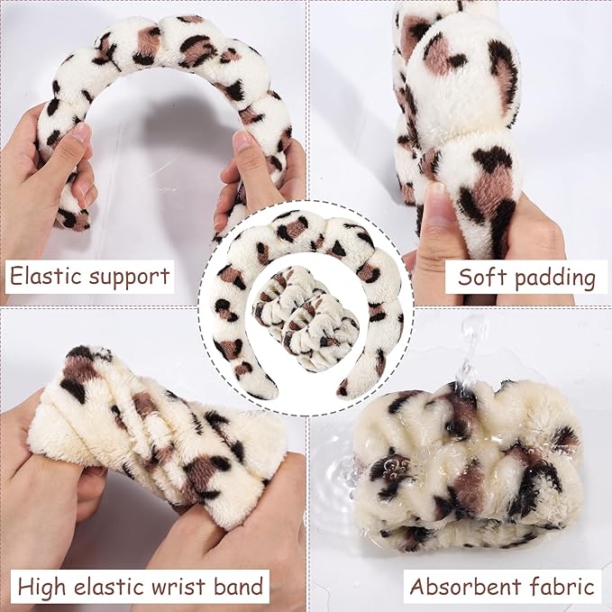Zkptops Spa Headband for Washing Face Wristband Set Sponge Makeup Skincare Headband Wrist Plush Bubble Get Ready Hairbands for Women Puffy Headwear Non Slip Thick Thin Hair Accessory(Beige Leopard)