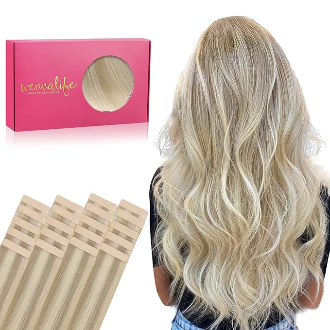 WENNALIFE Tape in Hair Extensions Human Hair, 20pcs 50g 22 inch Ash Blonde to Remy Hair Straight Tape in Extensions Skin Weft