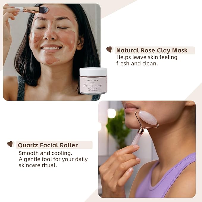 Natural Amor Rose Spa Gift Set – 6 pcs Handmade Self-Care Kit with Body Butter, Bath Salt, Clay Mask, Candle, Jade Roller & Bear Headband – Relaxation Gift for Women