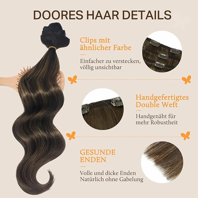 DOORES Clip in Human Hair Balayage Dark Brown to Chestnut Brown 14 Inch 7pcs Clip in Extensions Natural Real Hair 100g Straight