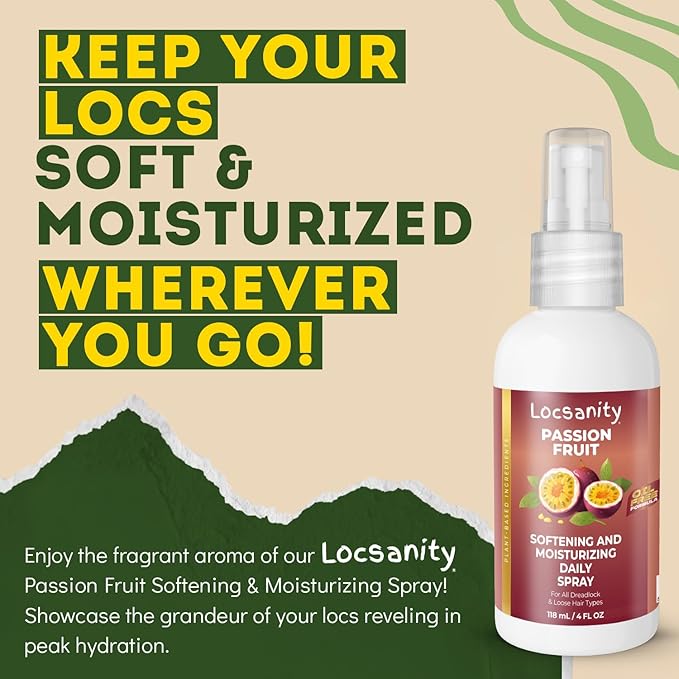 Locsanity Daily Moisturizing Spray for Dull, Dry Locs – Trial Size Passion Fruit Hair and Scalp Moisturizer for Dreadlocks, Sisterlocks, Microlocks, Braids to Control Oil and Frizz (4 fl oz)