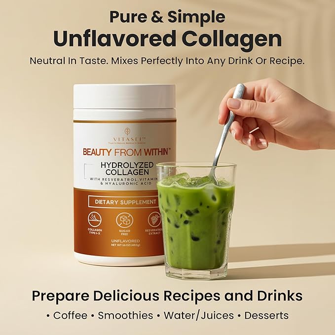 VITASEI Hydrolyzed Collagen Peptides Powder with Resveratrol & Vitamin C – Hair, Skin & Joint Support with Hyaluronic Acid – Colágeno Hidrolizado for Women & Men – Unflavored, 16 oz (30 Servings)