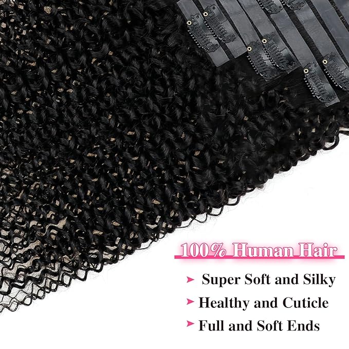 Seamless Curly Clip ins Hair Extensions Real Human hair Brazilian Virgin 3c 4a Curly Clip on Human Hair Extensions (14inch,#1B)