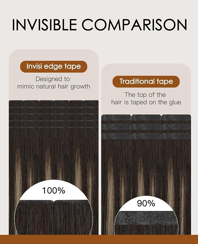 VINBAO 55g Invisi Edge Tape in Extensions Human Hair Balayage Darkest Brown to Medium Brown Ombre Injected Tape in Hair Extensions Invisible 20pcs 20inch #2/6/2