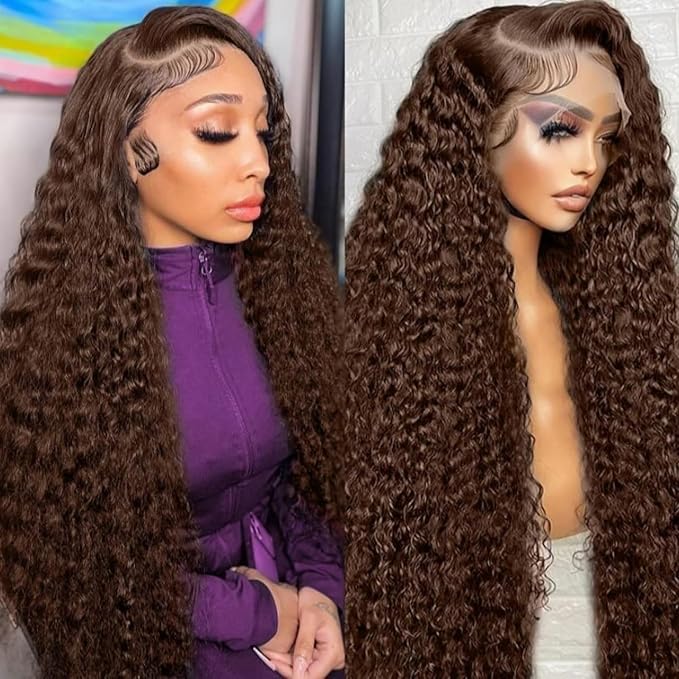 24 Inch Chocolate Brown Deep Wave Lace Front Wigs Human Hair Pre Plucked 200% Density 13x6 HD Lace Frontal Wigs with Baby Hair Deep Curly Wet and Wavy Glueless Wigs for Women (4# Brown, 24 Inch)