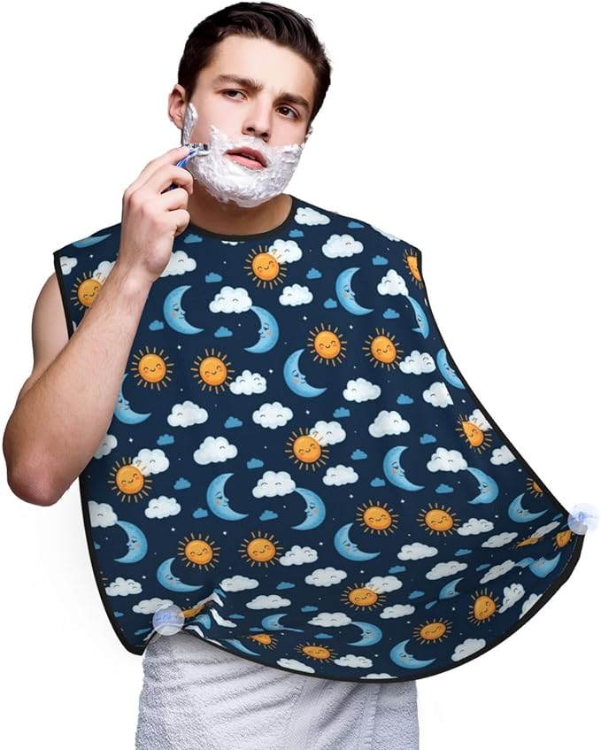Beard Hair Catcher for Men, Waterproof Shaving Bib Apron Non-Stick, Trimming Tool for Dad Husband, Blue Sky Camo Boho Sun Moon Shave Bib