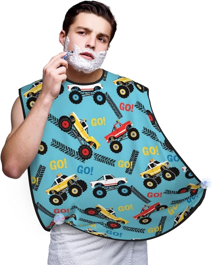 Non-Stick Beard Shaving Bib, Hair Catcher Apron with Suction Cups, Waterproof Grooming Tool for Men Husband, Cool Cars Blue Monster Truck Shave Bib