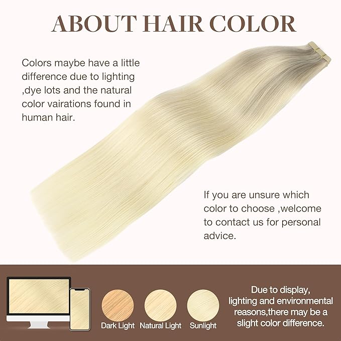 GOO GOO Tape in Hair Extensions Human Hair, 17/22/60 Ash Blonde to Golden Blonde and Platinum Blonde, 16inch 50g 20pcs, Skin Weft Seamless Invisible, Silky Straight with Thick Ends, Remy Human Hair