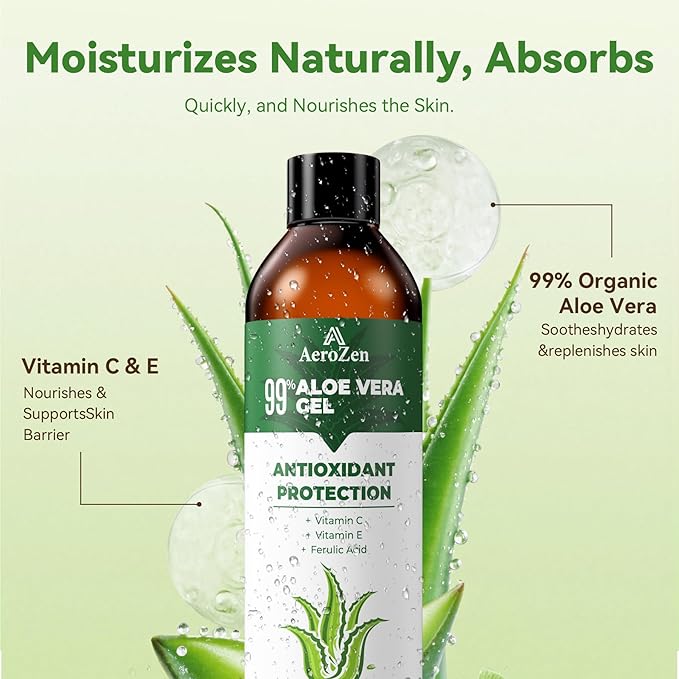 Aero Zen 99% Natural Aloe Vera Gel (2-Pack) | Daily Hydration & After-Sun Relief | Lightweight Alcohol-Free Formula, Deeply and Quickly Soothes Skin, Suitable for Face/Body/Hair - 16.9 fl oz