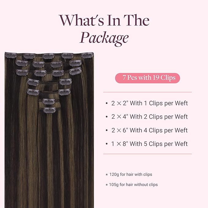 GOO GOO Clip in Hair Extensions Real Human Hair, Remy Human Hair Extensions Clip ins for Women, Natural Human Hair, 26inch 180g 7 Pcs, #2/6 Dark Brown Highlighted Chestnut Brown