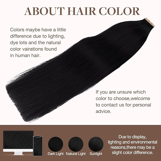 GOO GOO Tape in Hair Extensions Human Hair, 1 Jet black, 14inch 100g 40pcs, Skin Weft Seamless Invisible, Silky Straight with Thick Ends, Remy Human Hair