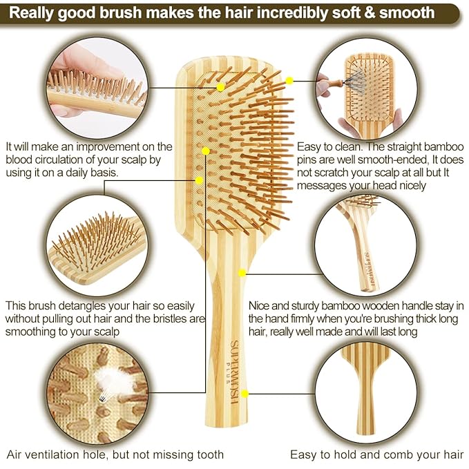 Bamboo Wood Hair Brush Large Paddle for Women, Natural Bamboo Wooden Bristles Scalp Massager, Flat Detangling Hairbrush Fit All Types Hair