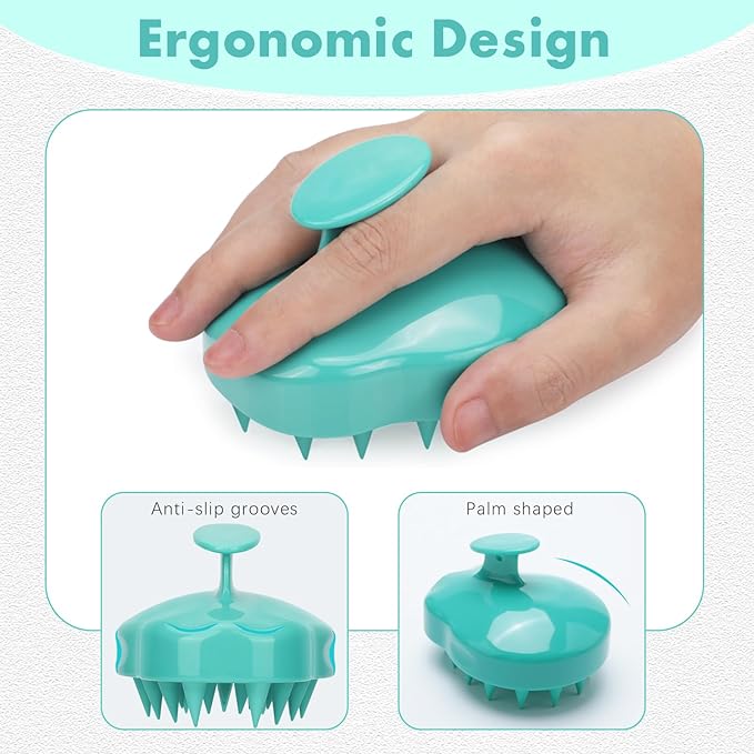 FREATECH Massager Shampoo Brush with Soft Silicone Bristles for Scalp Care, Shower Hair Scalp Scrubber Exfoliator for Dandruff Removal and Hair Growth, Wet & Dry for Men, Women and Kids, Green