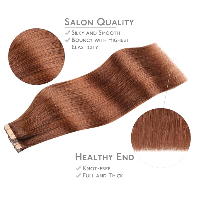 WENNALIFE Tape in Hair Extensions Human Hair, 40pcs 100g 14 inch Dark Auburn Copper Hair Extensions Real Human Hair Straight Tape in Extensions Invisible Human Hair Extensions Reusable Real Hair Exten