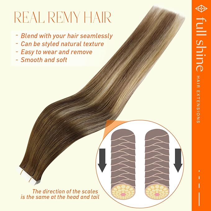 Full Shine Hair Extensions Tape in 16 Inch Balayage Invisible Tape in Extensions Color Ombre Brown and Blonde 4/27/60/8 Tape Extensions Human Hair Natural Straight 20 Pcs 50 Gram Add Volume Remy