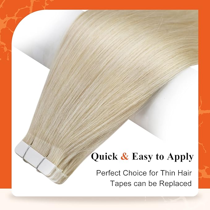 Full Shine Invisible Hair Extensions Tape in Platinum Blonde 60 Blonde Hair Extensions Real Human Hair 14Inch Straight Hair Extensions for Short Hair 20pcs 50Grams Add Volume