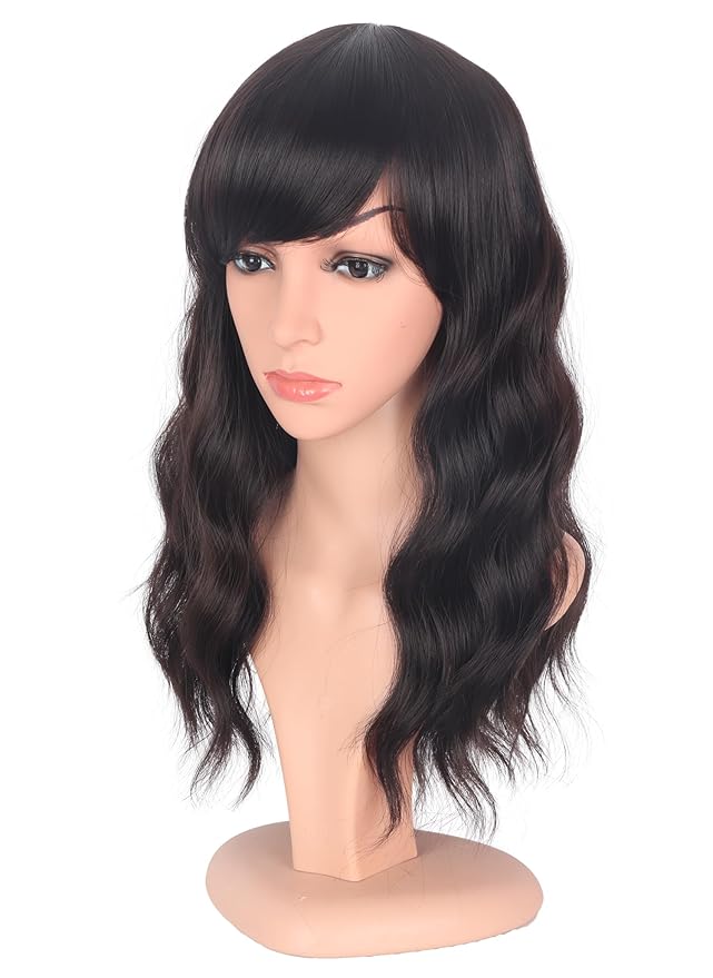 Medium Length Dark Brown Wavy Wigs With Bangs For Women - Heat Resistant Synthetic Brown Wigs For Daily Use (DARK BROWN(2#))