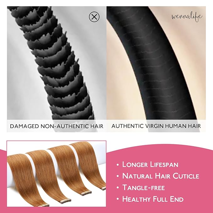 WENNALIFE Tape in Hair Extensions Human Hair Auburn Ginger Tape in Extensions, 10pcs 25g 16 inch Remy Invisible Tape Ins Straight Colored Soft Real Human Hair Tape in Extensions Refill Set Extensions