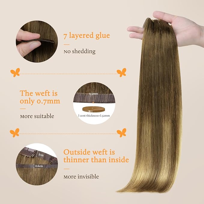 DOORES Hair Extensions Seamless Clip in Extensions, Medium Brown Highlighted Dirty Blonde, 20 Inch, 150g, 7pcs, Invisi Edge Human Hair Extensions Straight Thick Hair