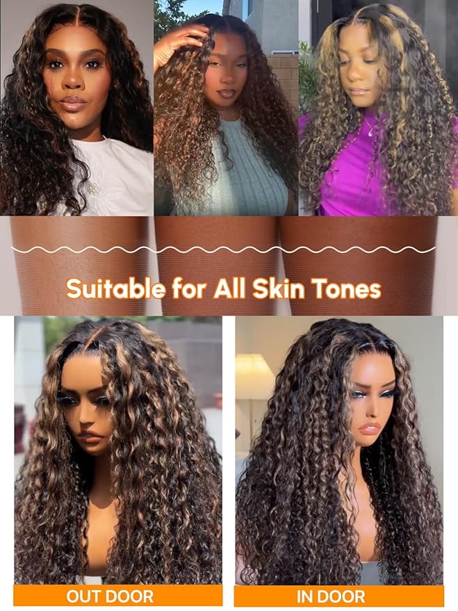 Julia Hair Golden Brown Highlight Water Wave and Jerry Curly Wig Mixed Curls 13X4 Lace Front Pre Everything Wigs Glueless Human Hair Lace Frontal with Invisi Drawstring Ready to Go 22 Inch
