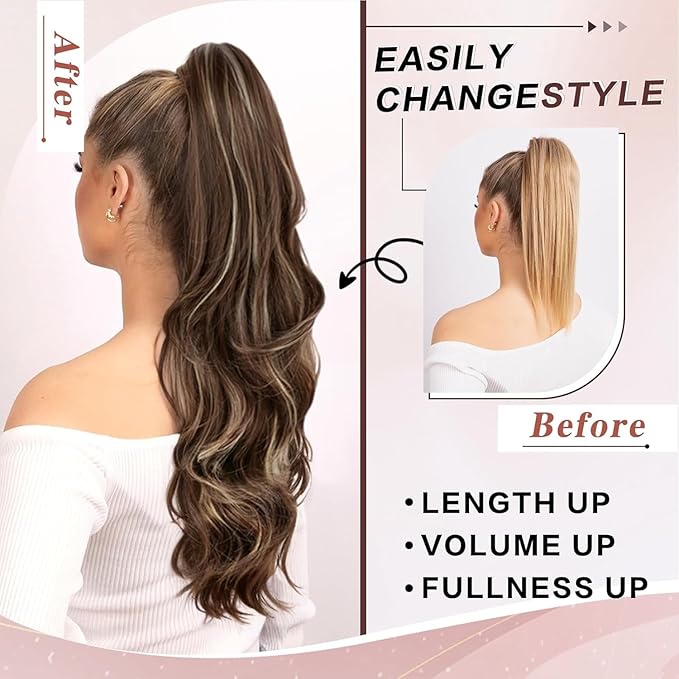 Ponytail Extension, 26 Inch Drawstring Ponytail Extension for Women Long Wavy Layered Pony Tails Hair Extensions Synthetic Clip in Ponytail Hairpiece for Women(8/24)