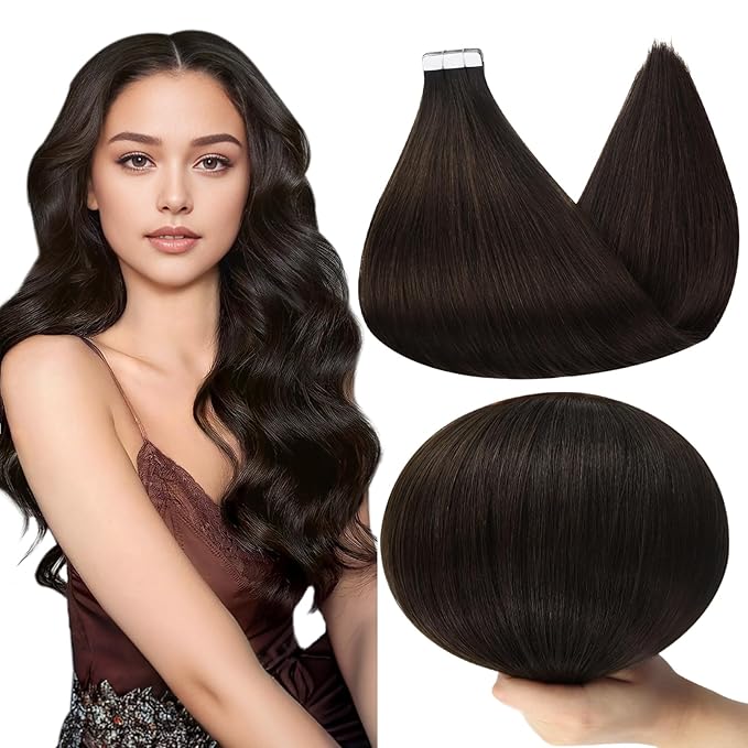 Full Shine Brown Tape in Hair Extensions Human Hair Tape ins Color 2 Dark Brown Straight Hair Extensions 24 INCH 100G Seamless Skin Weft Brazilian Double Sided for Daily Wear 40 PCS