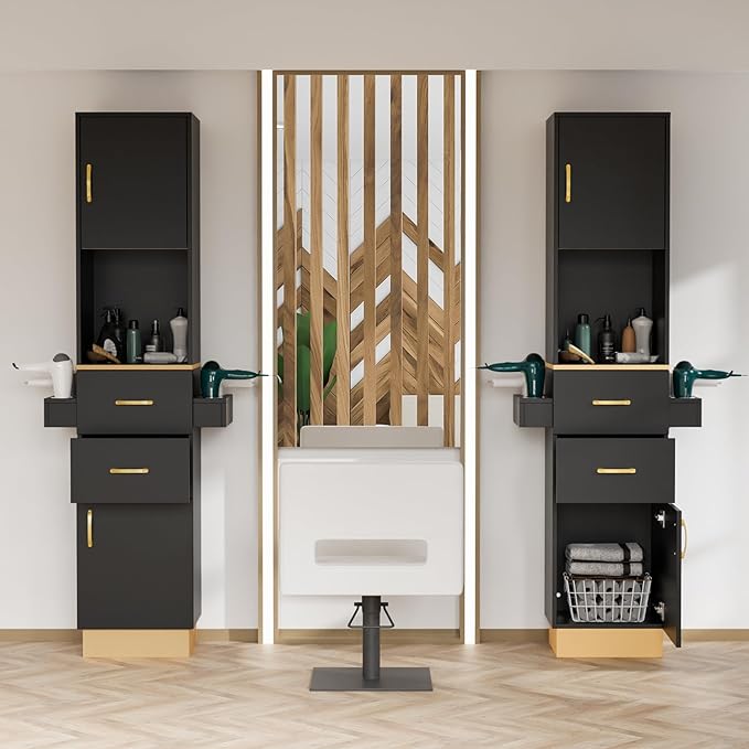 Salon Stations for Hair Stylist, Barber Station Hair Salon Station, Beauty Salon Spa Equipment with 2 Drawers, 2 Storage Cabinet, 6 Hair Dryer Holders for Hair Styling, Black Gold
