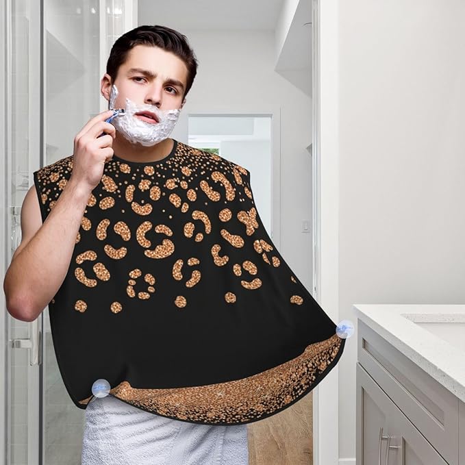 Beard Hair Catcher for Men, Waterproof Shaving Bib Apron Non-Stick, Trimming Tool for Dad Husband, Rose Gold Glitter Black Cheetah Leopard Print Shave Bib