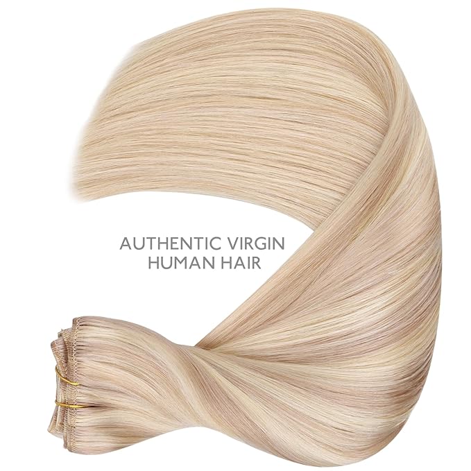 WENNALIFE Clip in Hair Extensions Real Human Hair, 14 Inch 120g 7pcs Balayage Light Wheat Platinum Blonde Remy Hair Natural Double Weft