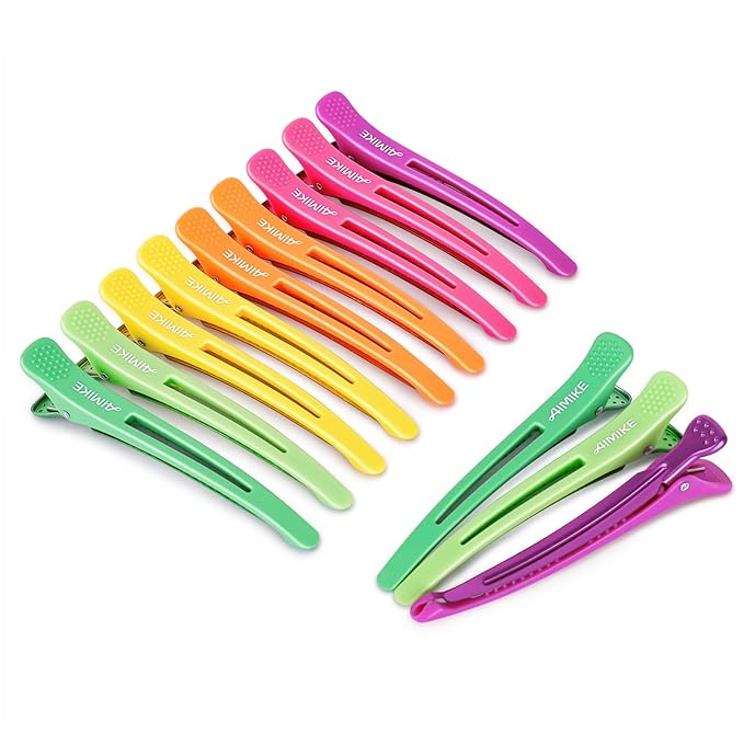 AIMIKE Neon Hair Clips, 12 Pcs Professional Sectioning and Cutting Clips for Hairdressers - 4.3" Long Duck Billed Rollers for Styling