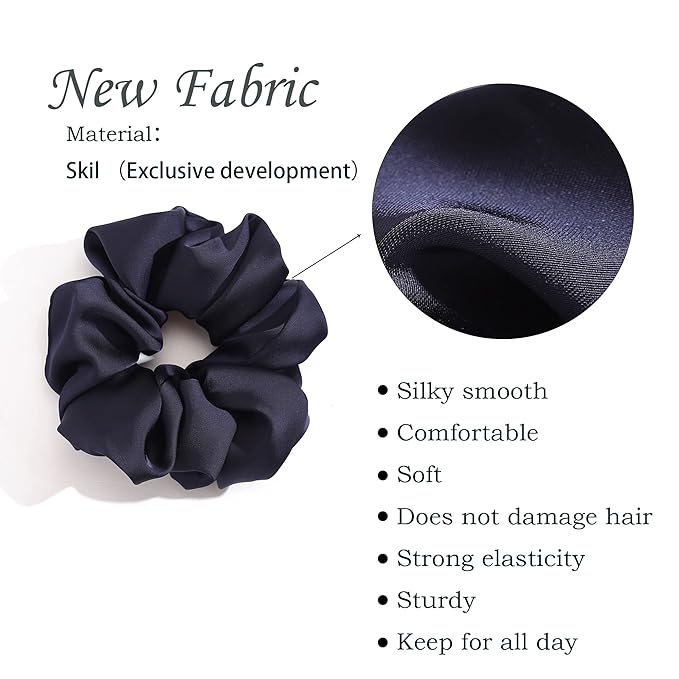 Large Satin Silk Scrunchies for Women,Scrunchie for Thick Hair Girl Hair Ties Ponytail Holders Jumbo Scrunchies(Black Navy-Blue Red Rose-Red) 4PCS