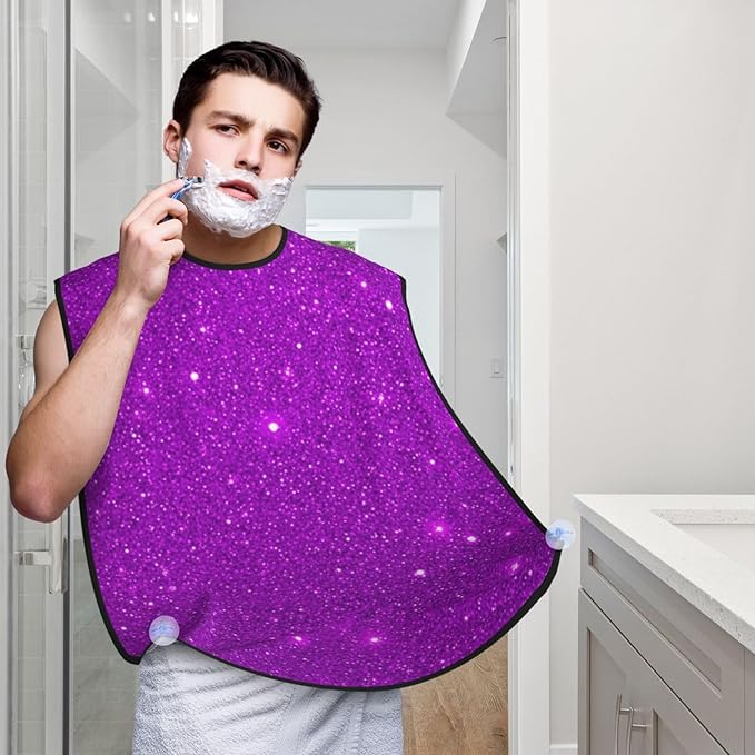 Non-Stick Beard Shaving Bib, Hair Catcher Apron with Suction Cups, Waterproof Grooming Tool for Men Husband, Purple Glitter Sparkle Texture Shave Bib